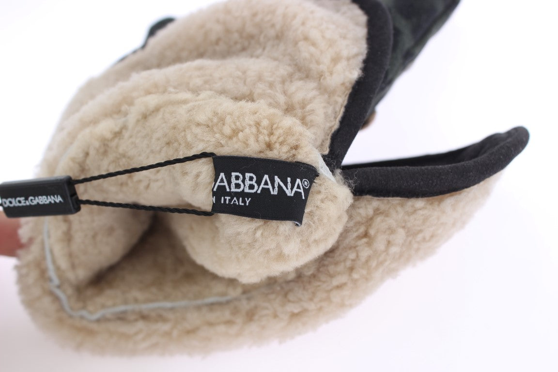 Guantes de piel de oveja gris con tachuelas de leopardo verde