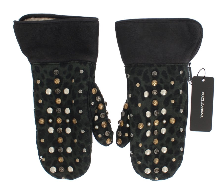 Guantes de piel de oveja gris con tachuelas de leopardo verde