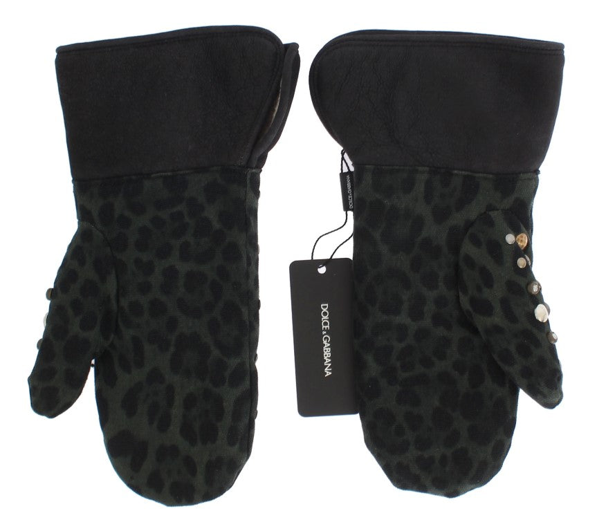 Guantes de piel de oveja gris con tachuelas de leopardo verde