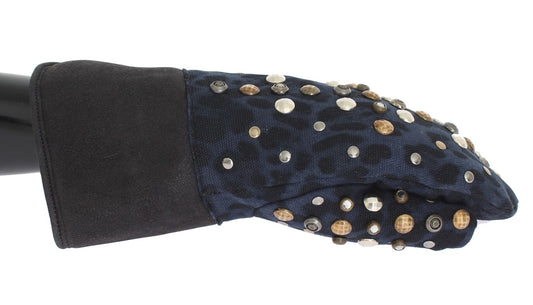 Guantes de lana de oveja gris con tachuelas de leopardo azul