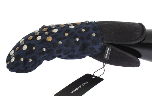 Guantes de lana de oveja gris con tachuelas de leopardo azul