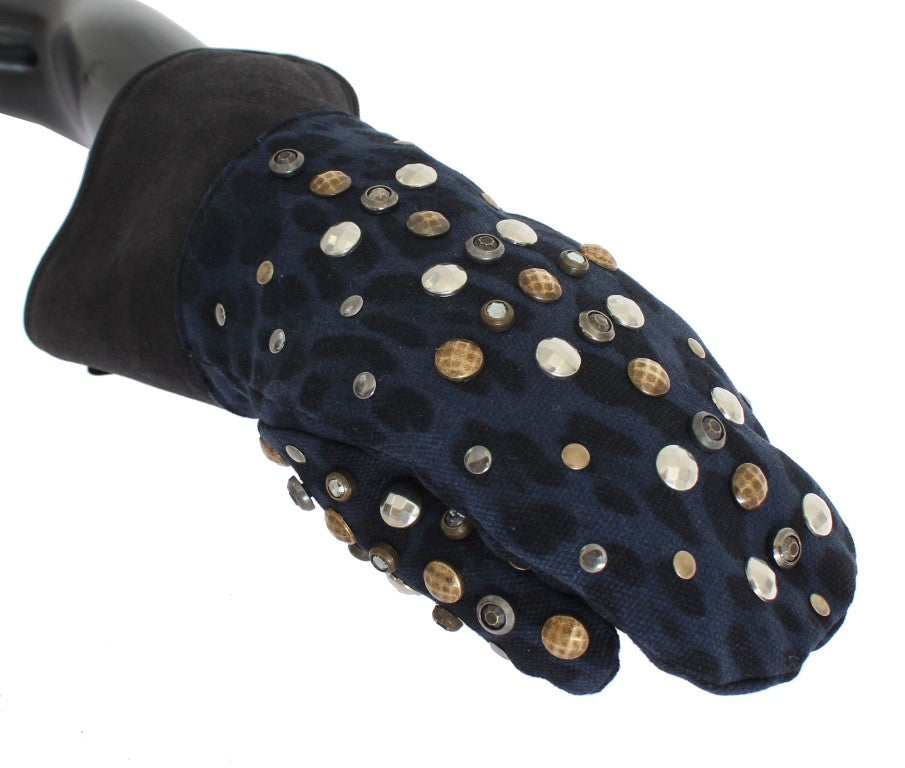 Guantes de lana de oveja gris con tachuelas de leopardo azul