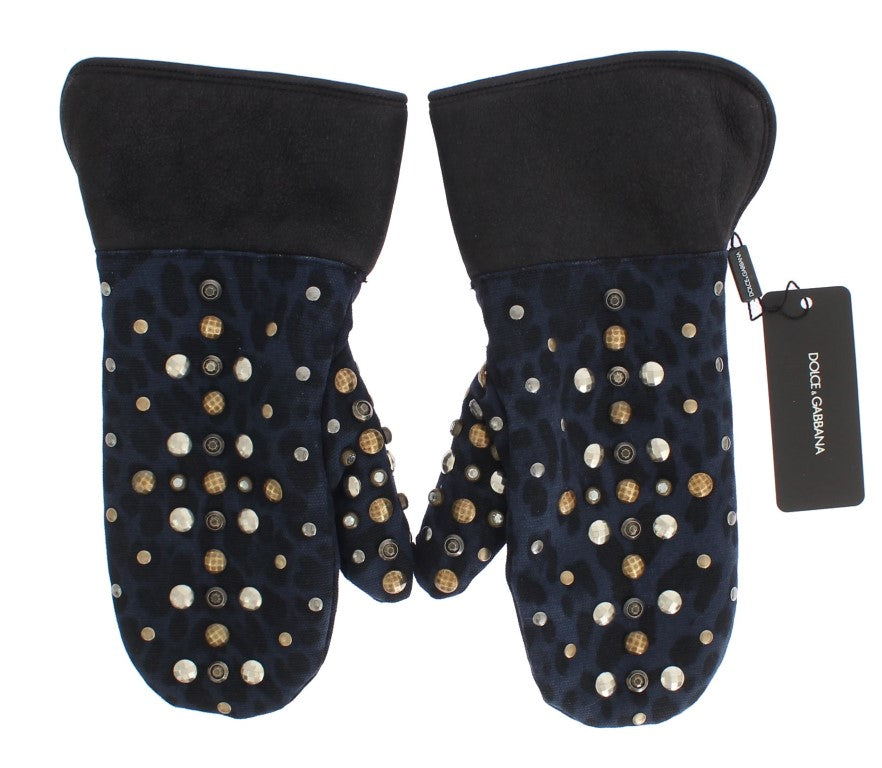 Guantes de lana de oveja gris con tachuelas de leopardo azul