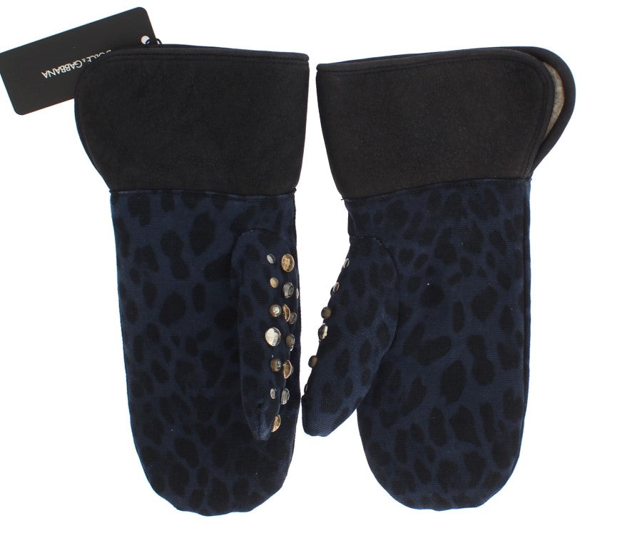 Guantes de lana de oveja gris con tachuelas de leopardo azul