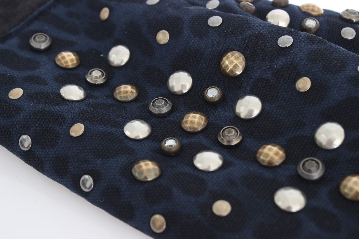 Guantes de lana de oveja gris con tachuelas de leopardo azul