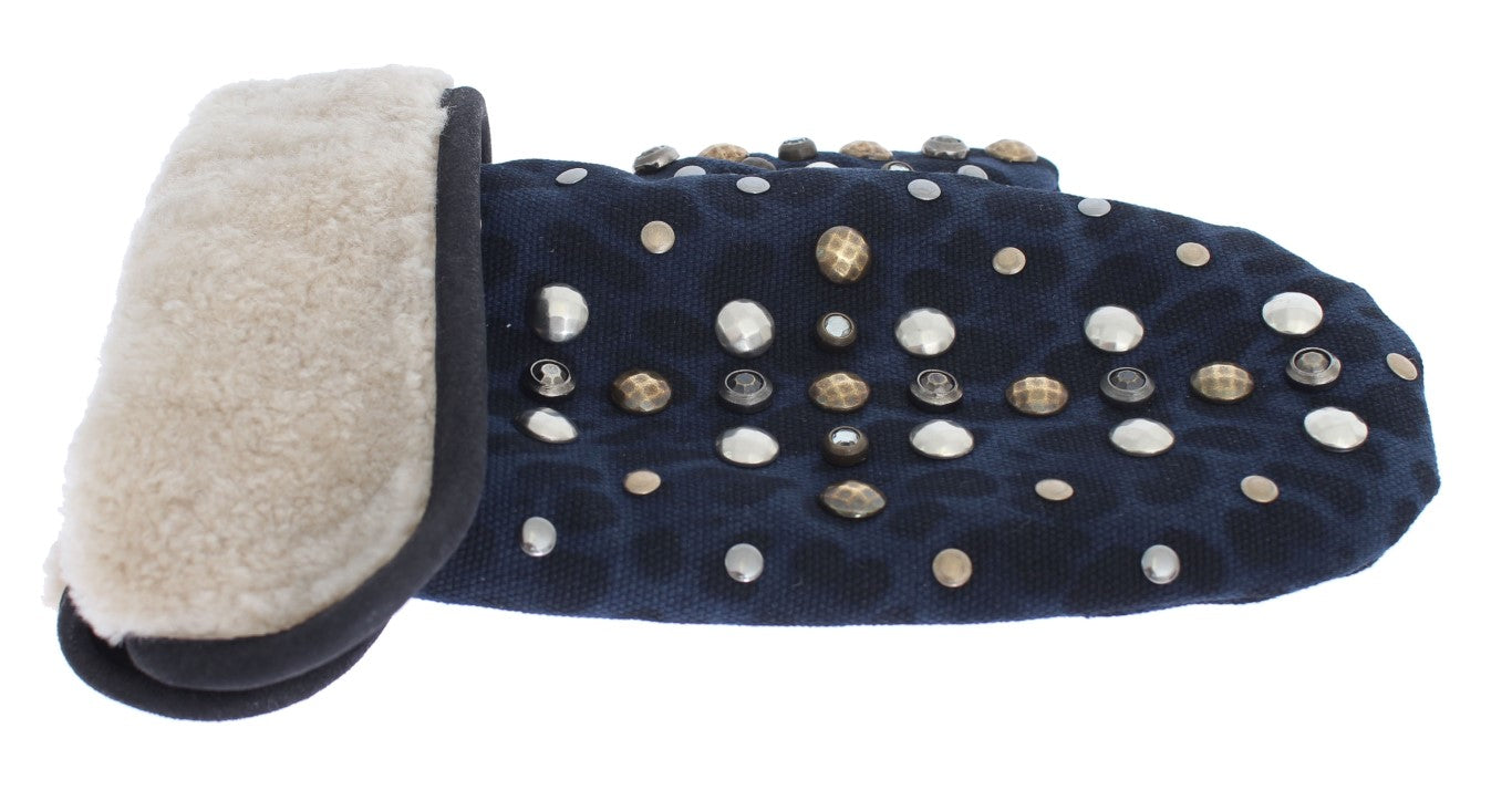 Guantes de lana de oveja gris con tachuelas de leopardo azul