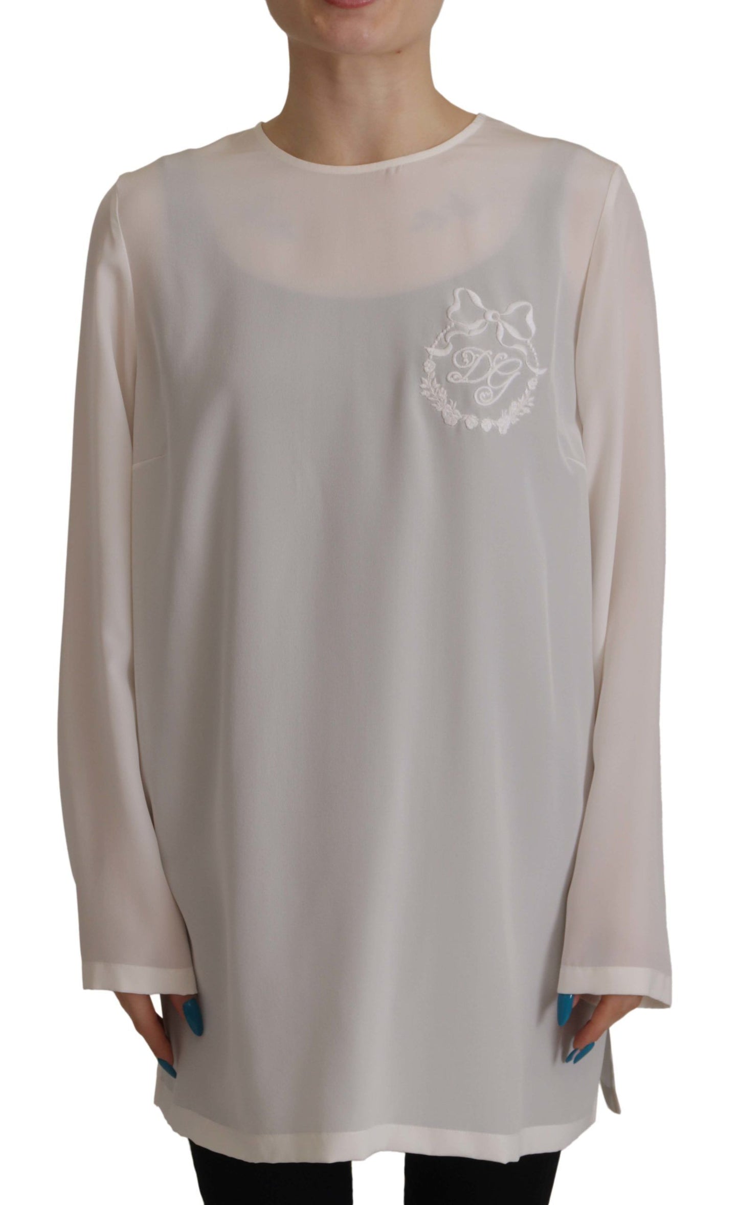 Blusa de manga larga con bordado del logotipo DG en seda blanca