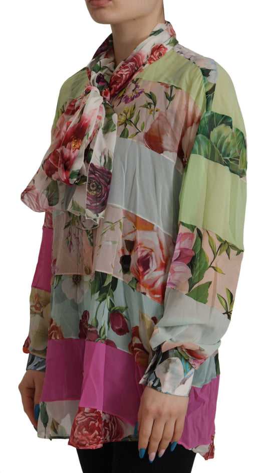 Chemisier à col lavallière et motif patchwork floral multicolore