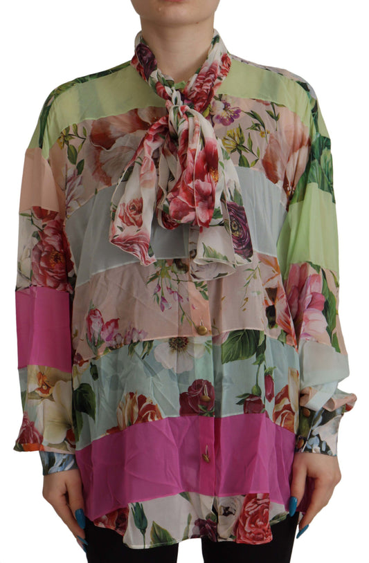 Chemisier à col lavallière et motif patchwork floral multicolore