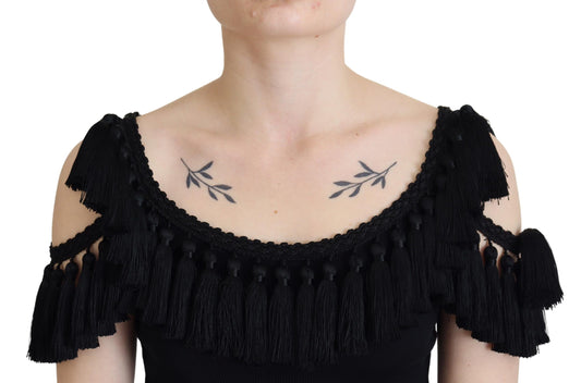 Chemisier débardeur noir en coton à pompons