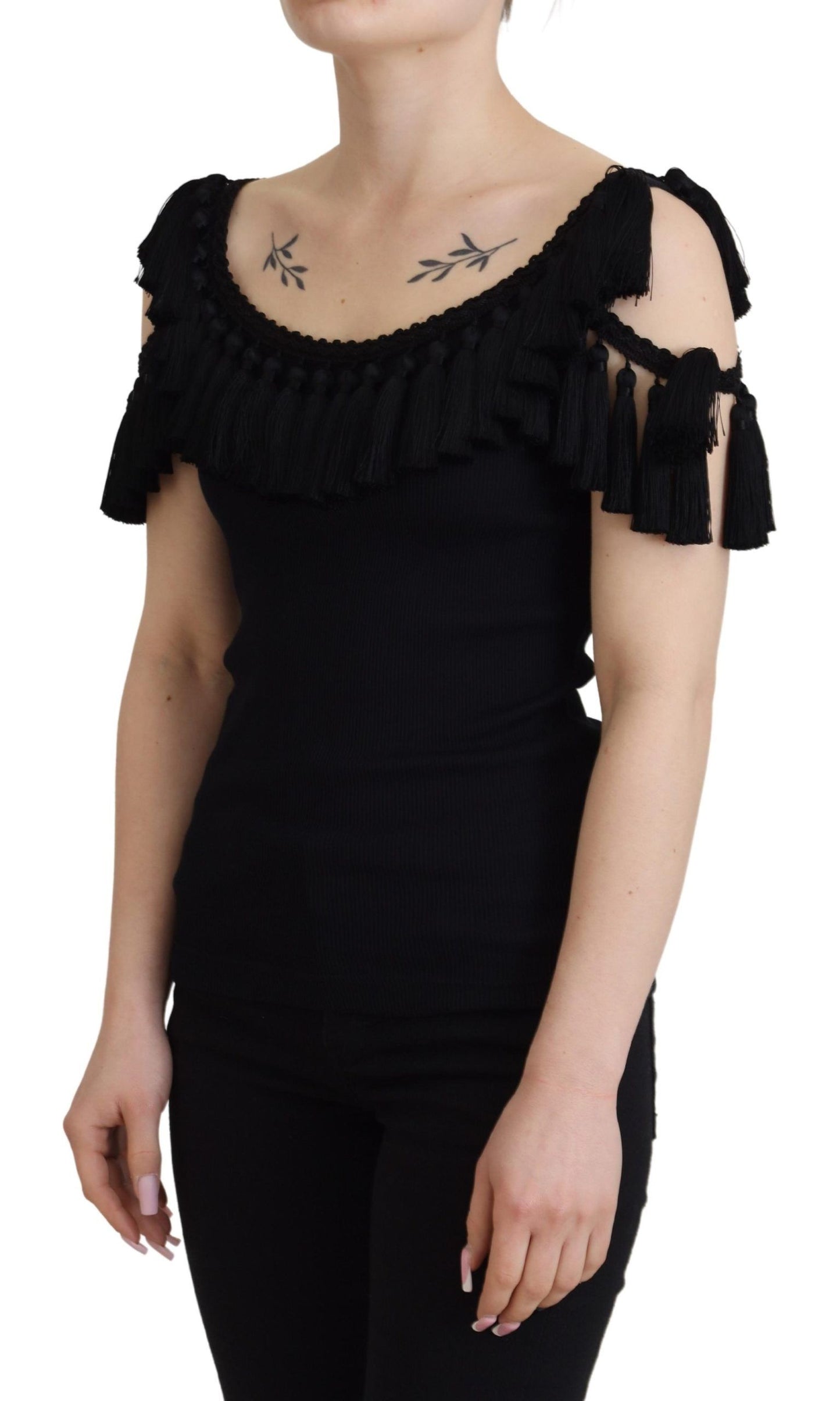 Blusa negra sin mangas de algodón con borlas