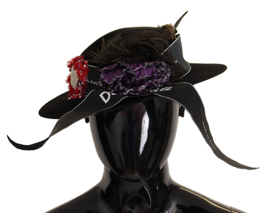 Sombrero Fedora con broche de pluma de corazón de cristal de lapislázuli negro