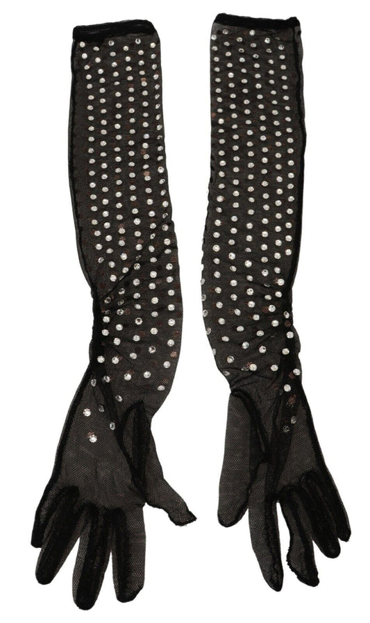 Gants en tulle de coton à cristaux noirs jusqu'aux coudes