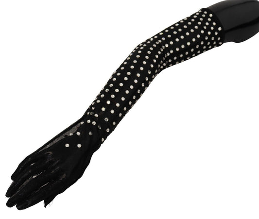 Gants en tulle de coton à cristaux noirs jusqu'aux coudes