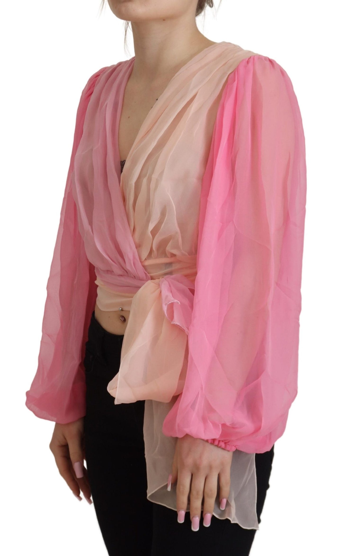 Blusa de manga larga cruzada de seda rosa