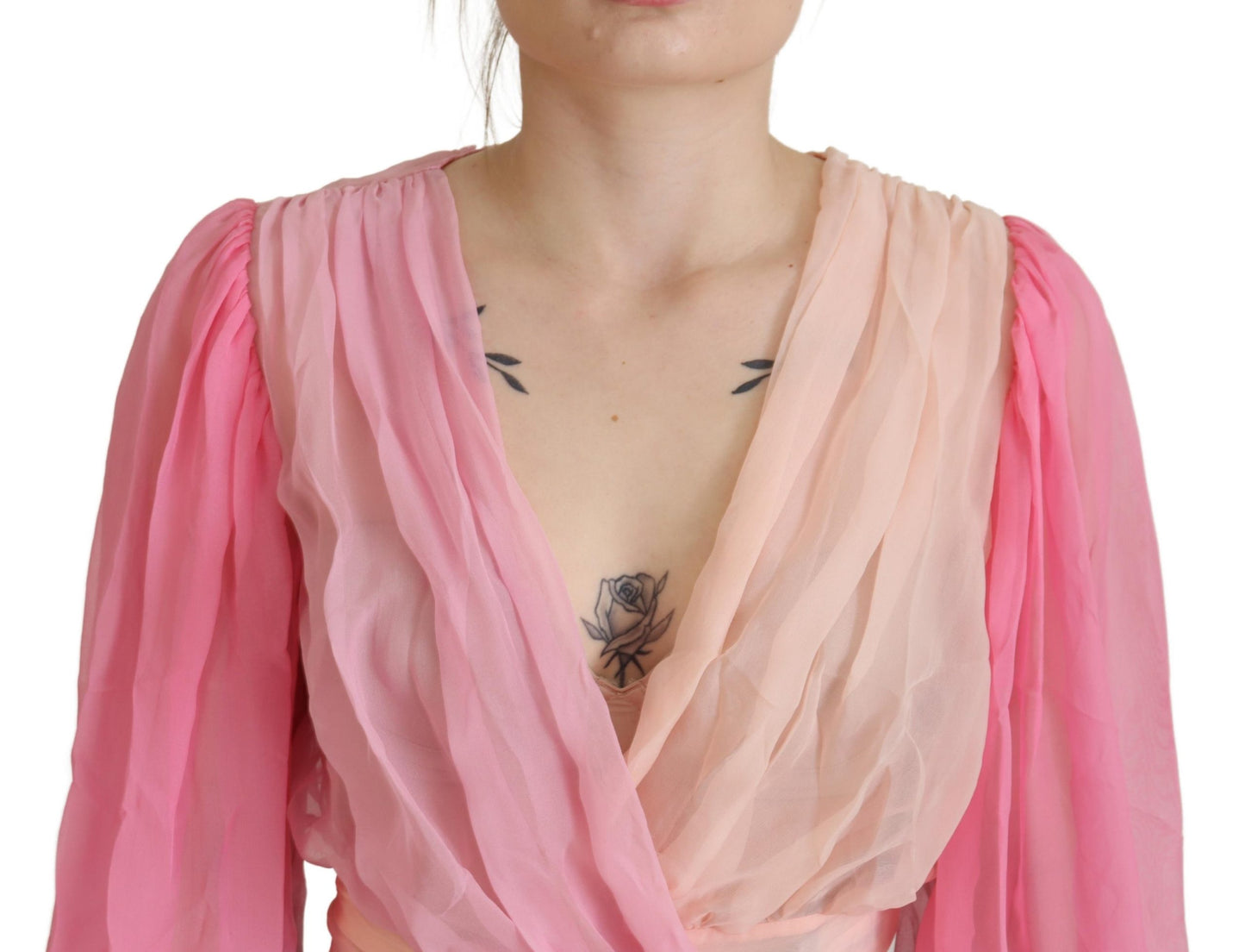Blusa de manga larga cruzada de seda rosa