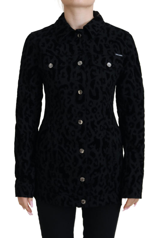 Chaqueta vaquera de algodón y manga larga con estampado de leopardo negro
