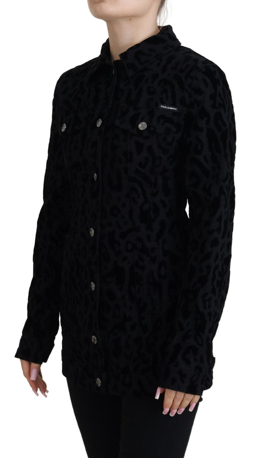 Chaqueta vaquera de algodón y manga larga con estampado de leopardo negro