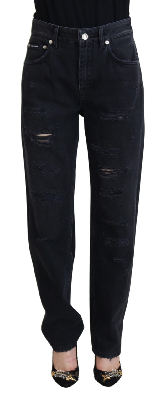 Jean taille haute en denim noir déchiré en coton