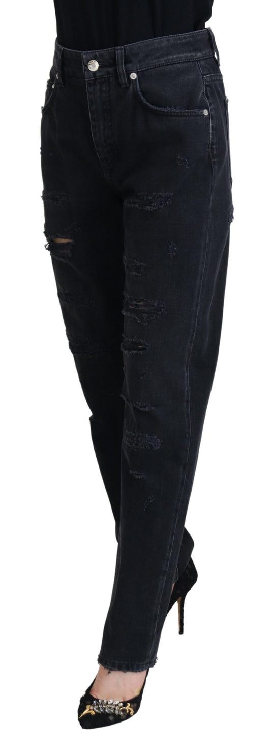 Jean taille haute en denim noir déchiré en coton