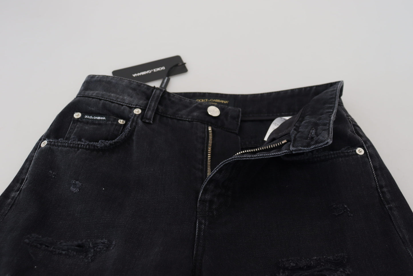 Jean taille haute en denim noir déchiré en coton