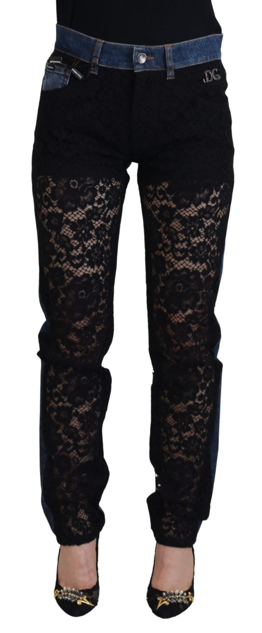 Jean skinny noir à dentelle florale sur le devant