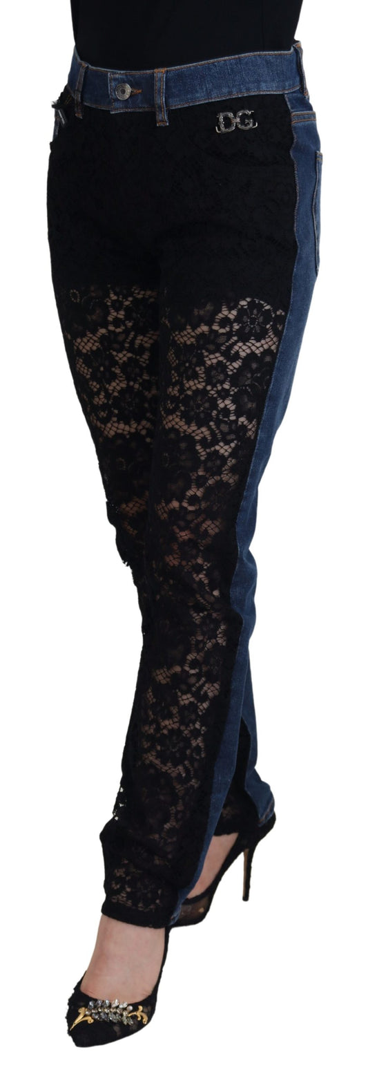Jean skinny noir à dentelle florale sur le devant