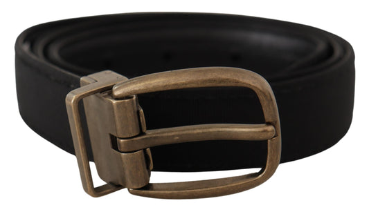 Cinturón de piel de grogrén negra con metal bronce