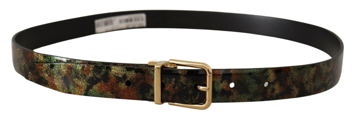 Cinturón de cuero negro y verde con hebilla de metal bronce