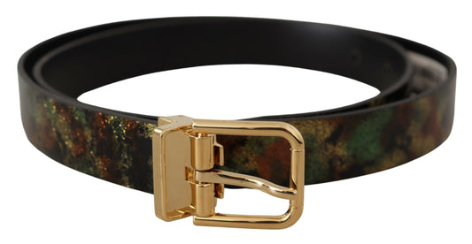 Cinturón de cuero negro y verde con hebilla de metal bronce