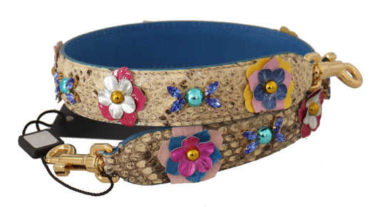 Correa de hombro con tachuelas florales de piel de pitón beige
