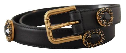 Cinturón de cuero negro con logotipo de cristal adornado