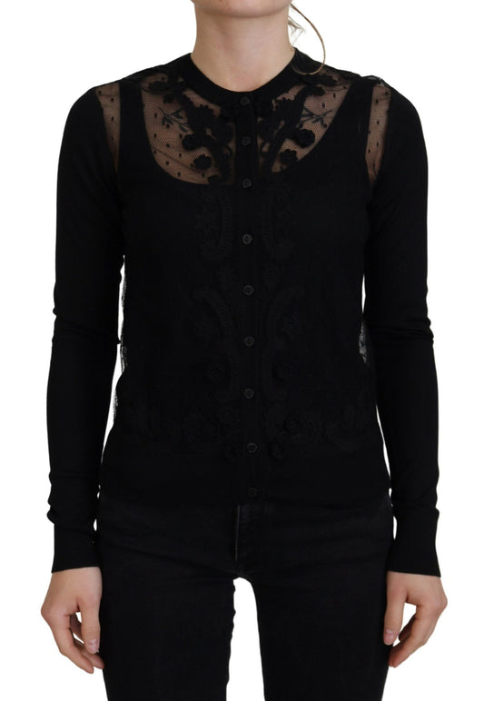 Pull cardigan noir à boutons en dentelle florale