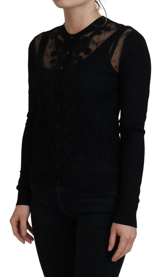 Pull cardigan noir à boutons en dentelle florale