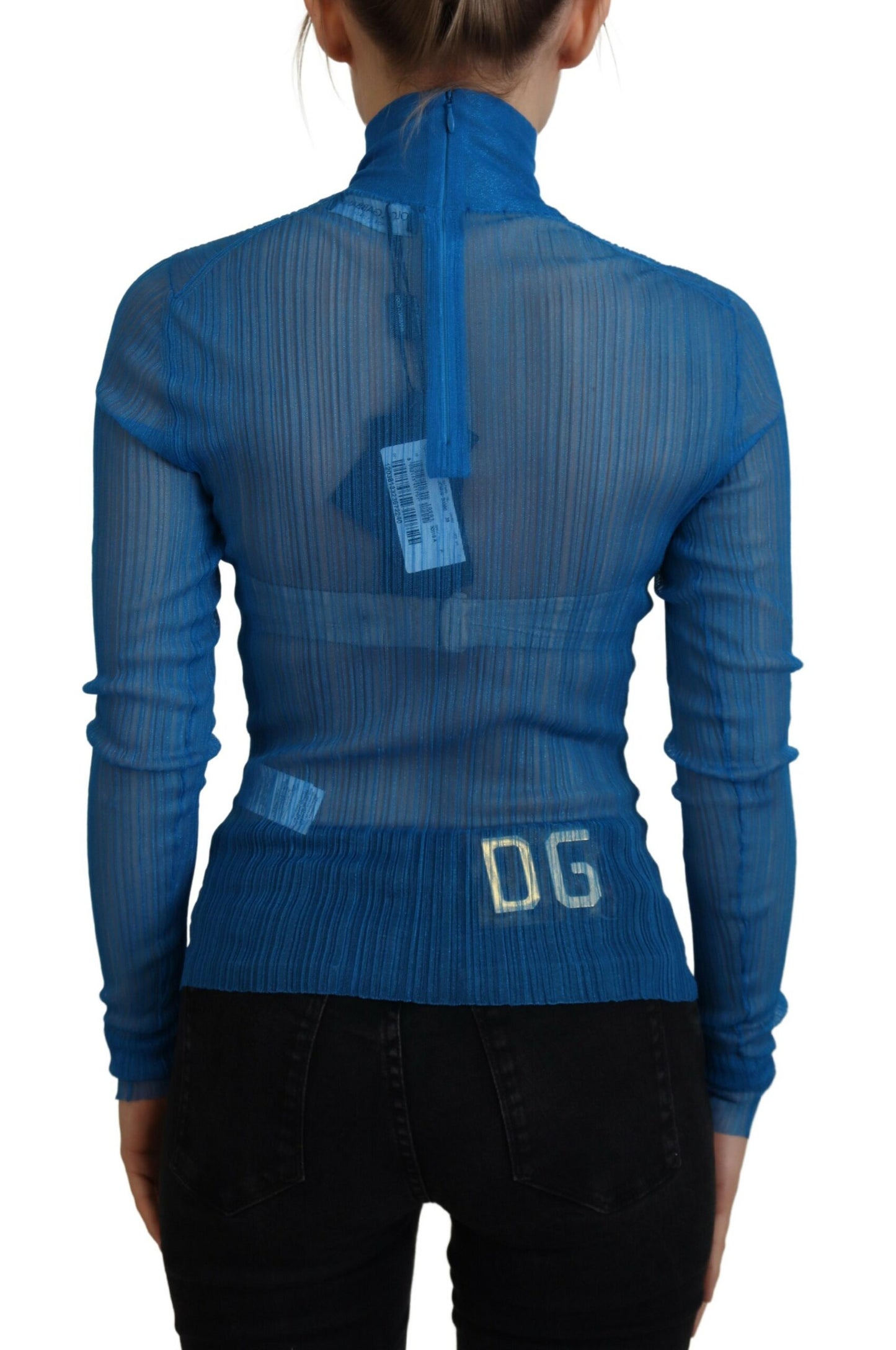 Blusa de manga larga con cuello alto y malla azul