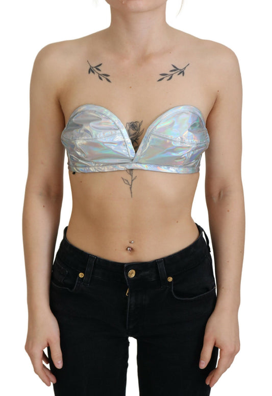 Top tipo bustier con efecto holográfico plateado