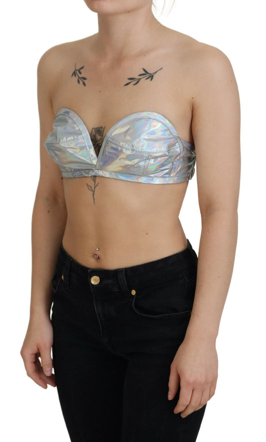 Top tipo bustier con efecto holográfico plateado