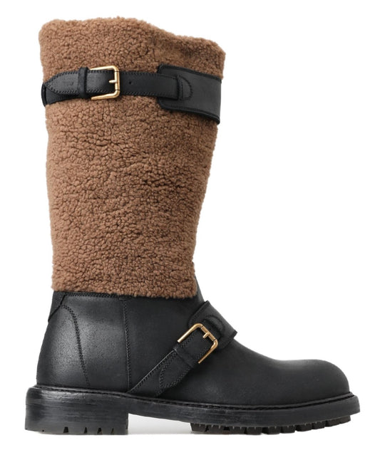 Botas de piel de oveja marrón y cuero negro