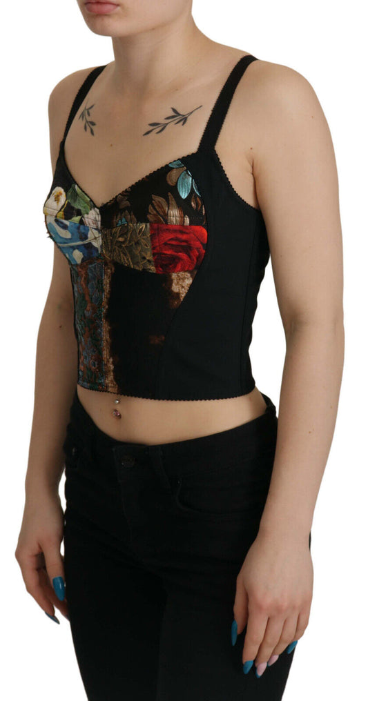 Blusa Siciliana de patchwork negra con corsé y top corto