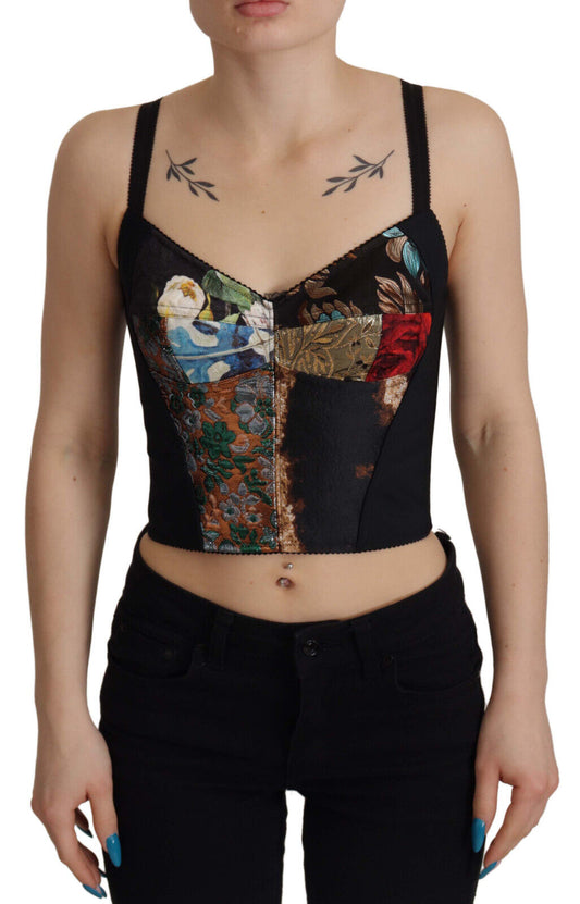 Blusa Siciliana de patchwork negra con corsé y top corto