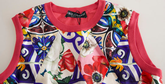 Camiseta sin mangas con cuello redondo y estampado floral de mayólica multicolor
