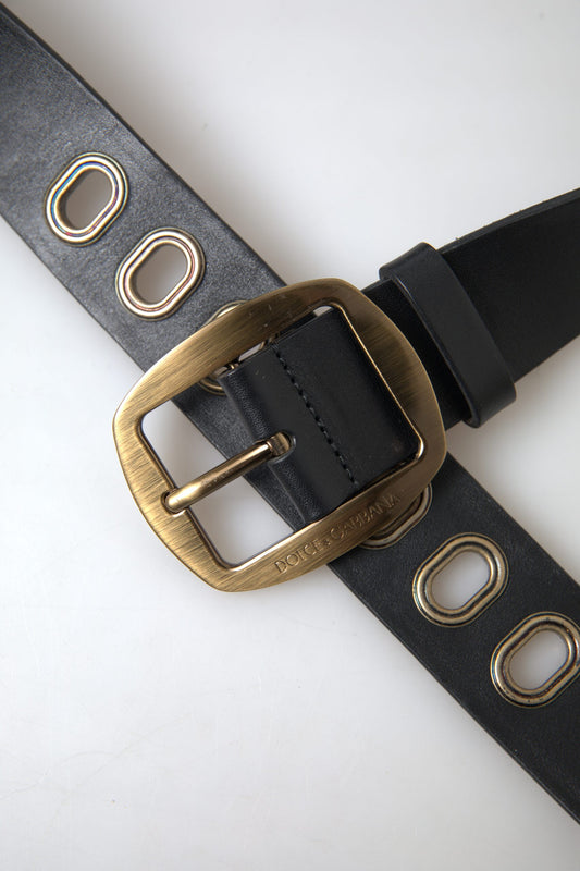 Cinturón de cuero negro con hebilla de metal dorado para hombre