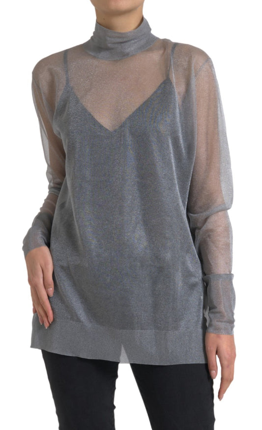 Blusa de manga larga con cuello alto y malla gris