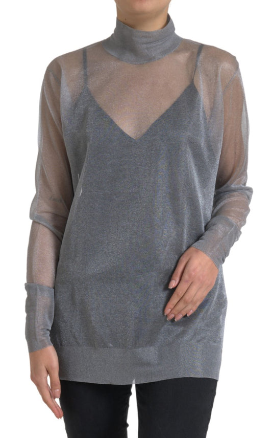 Blusa de manga larga con cuello alto y malla gris