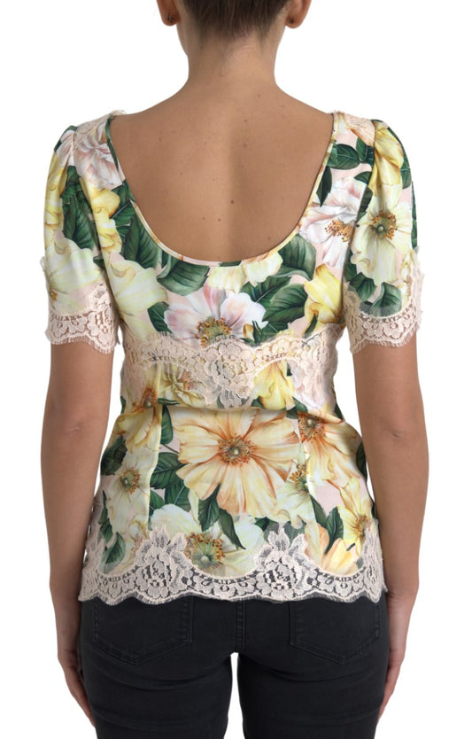 Blusa de cuello en V con encaje floral multicolor