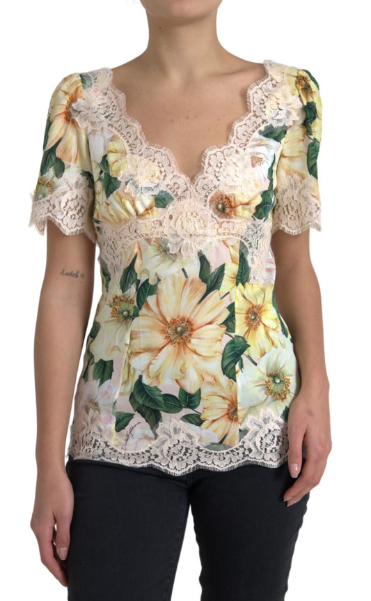 Blusa de cuello en V con encaje floral multicolor
