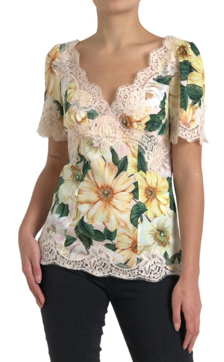 Blusa de cuello en V con encaje floral multicolor