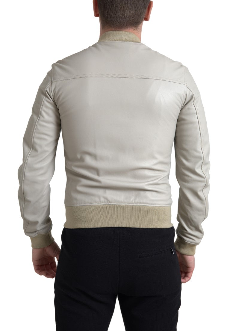 Blouson aviateur en cuir crème entièrement zippé