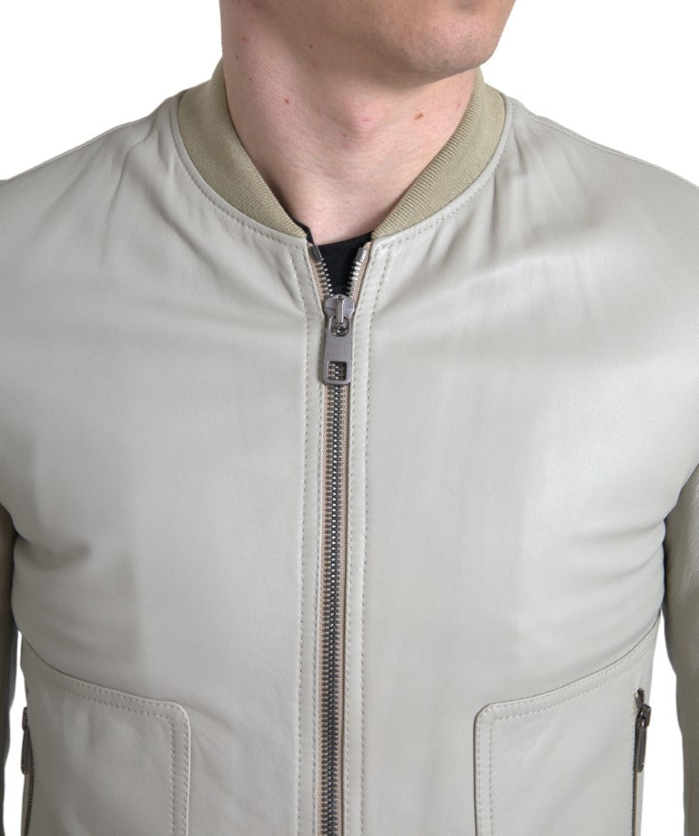 Blouson aviateur en cuir crème entièrement zippé