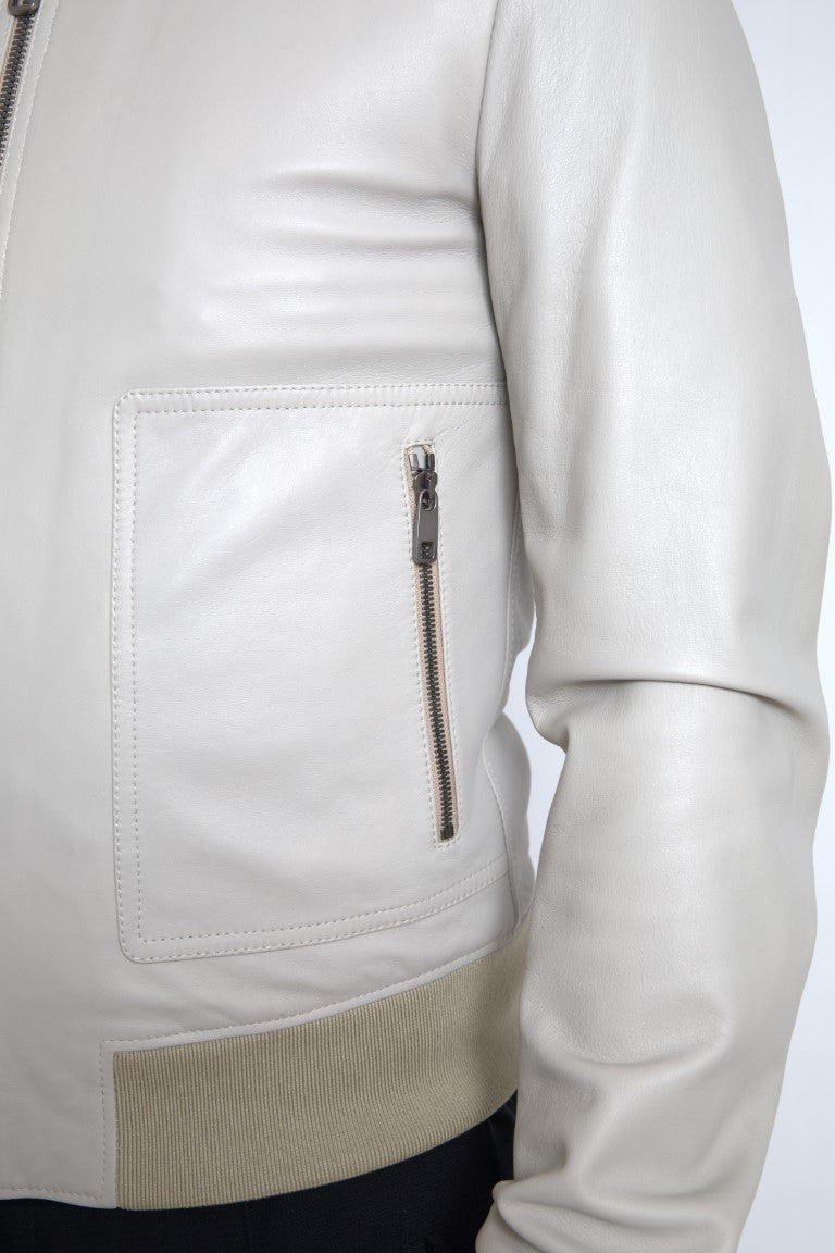 Blouson aviateur en cuir crème entièrement zippé
